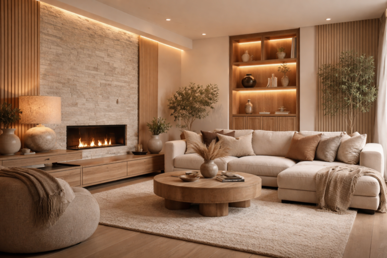 Modern Earthy Living Room: Natural Luxury with Warm LED Lighting