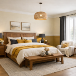 **Alt Text:** Infographic titled “9 Master Bedroom Paint Ideas 2026: Trending Color Schemes” featuring stylish leaf-shaped paint swatches in beige and gold, earthy green, moody gray, navy coastal, soft yellow, deep plum, boho neutrals, black accent wall, and zen-inspired neutral palettes arranged in a Pinterest-style layout.