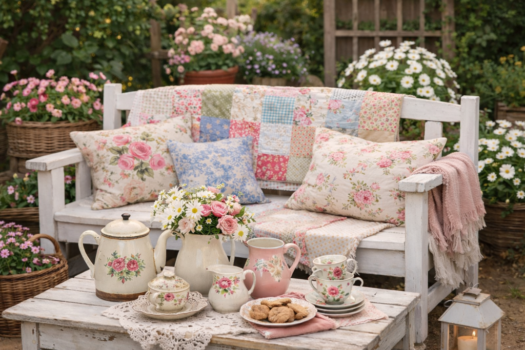 A cozy shabby chic outdoor patio featuring a vintage floral couch living room style settee, adorned with soft pink cushions and warm fairy lights for a romantic home decor style.