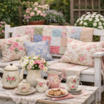 A cozy shabby chic outdoor patio featuring a vintage floral couch living room style settee, adorned with soft pink cushions and warm fairy lights for a romantic home decor style.