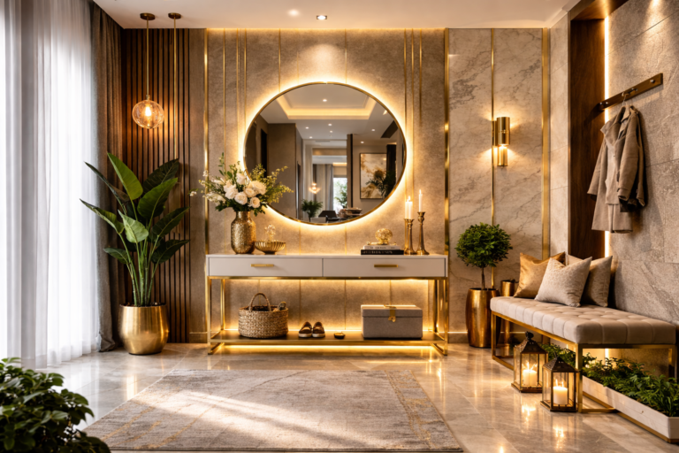 Modern Luxury Entryway Decor with Gold and Mirror Accents
