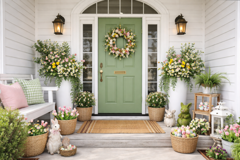 Spring Front Porch Decor for a Green Door (Fresh Curb Appeal Ideas)