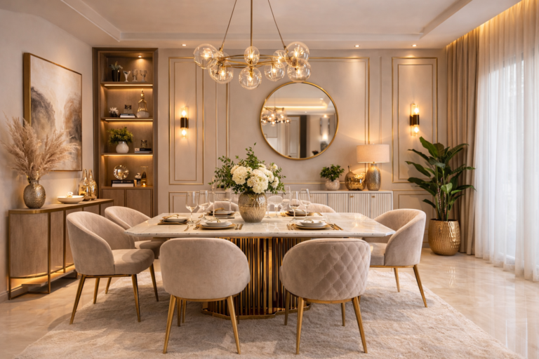 A Neutral Glam Dining Room proves that elegance doesn’t require bold colors.