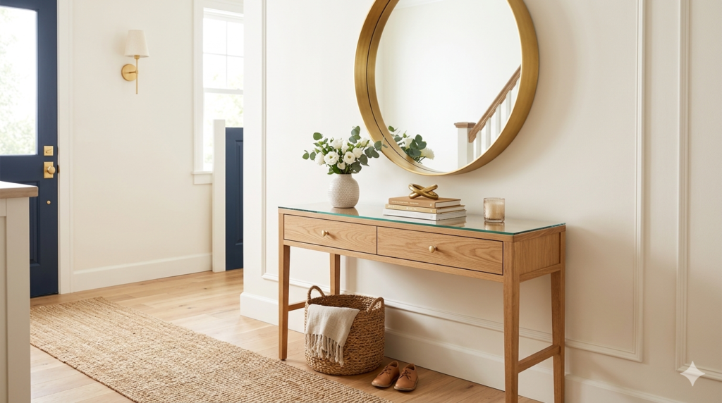 Gold and wood entryway console with elegant mirror decor