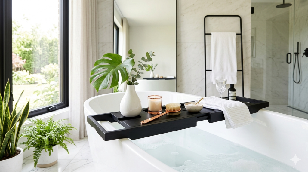 Black bath tray with metallic accents on white bathtub