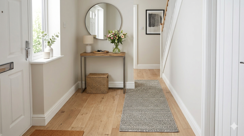 Narrow hallway console table with runner rug and wall art