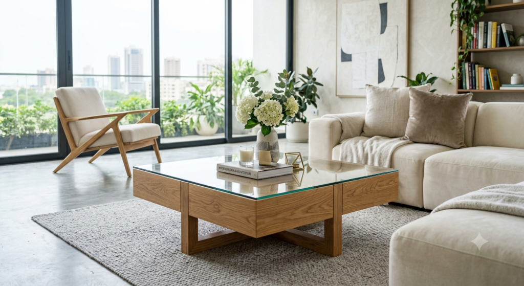 Wooden Coffee Table With Glass Top