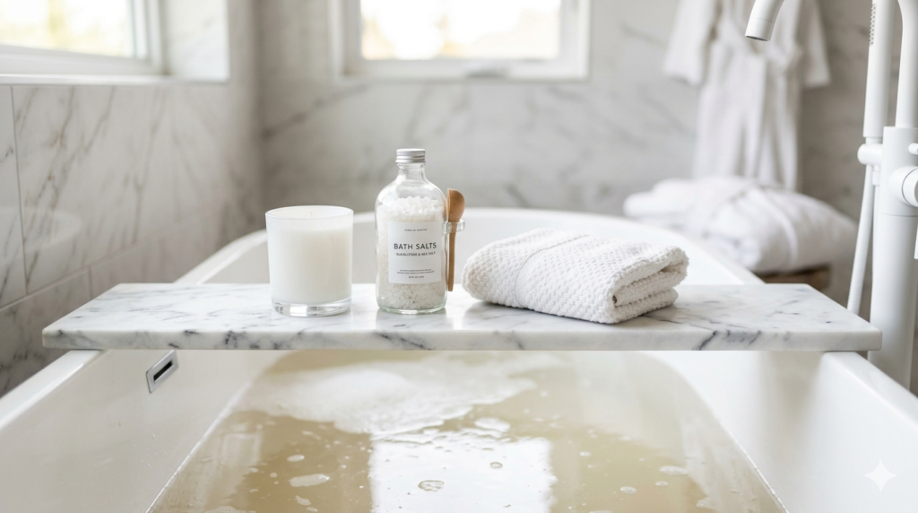 White marble bath caddy with candle and bath salts on modern bathtub