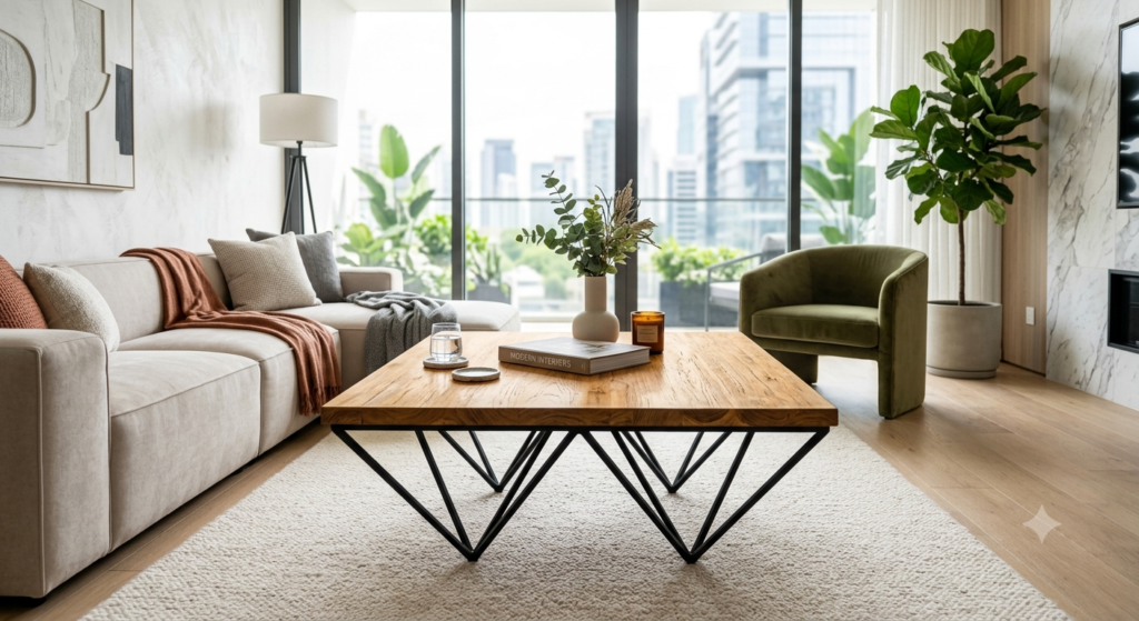 Teak Wood Centre Table With Geometric Legs