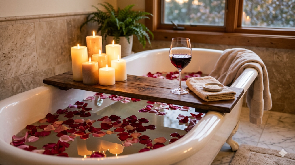 Romantic candlelit bathtub with rose petals and wine on bath caddy
