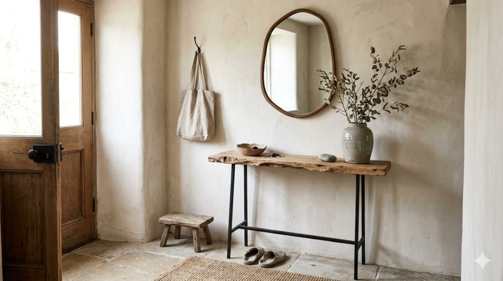 Wabi-sabi entrance with live edge wooden console and organic decor