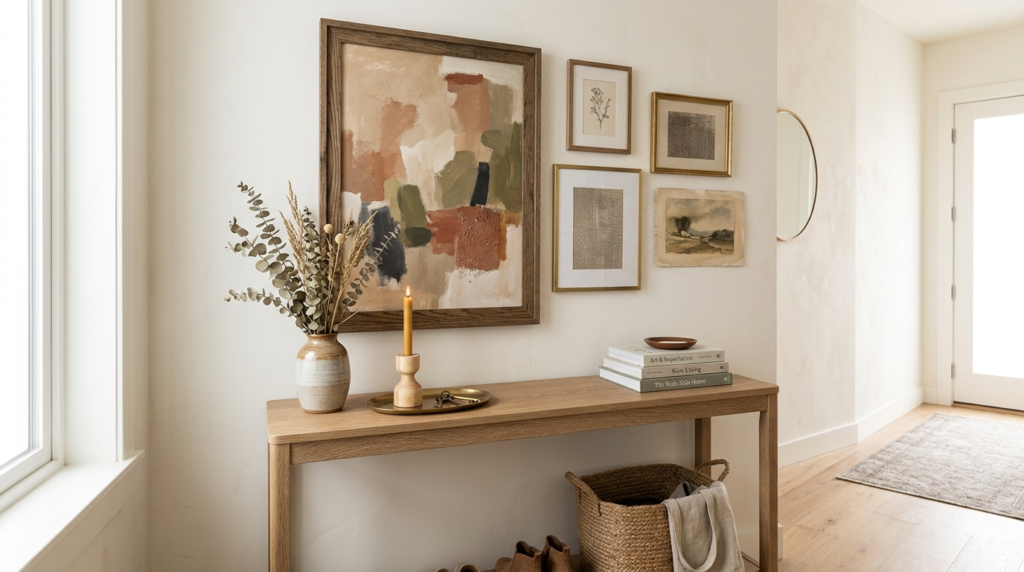 Small console table styled with vase, books and lamp in compact entry