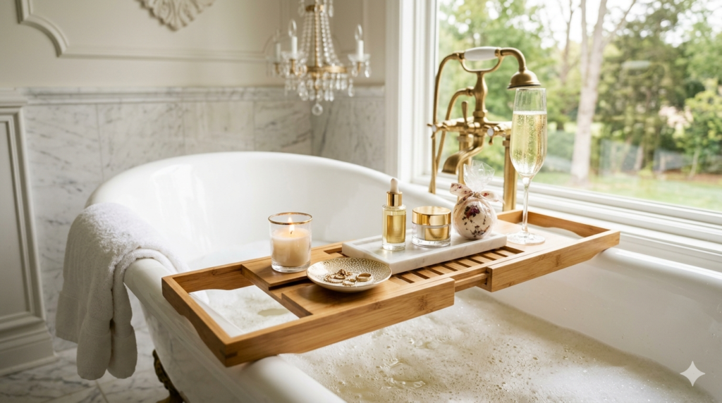 Gold-accented bath caddy with champagne and bath bomb in luxury bathroom