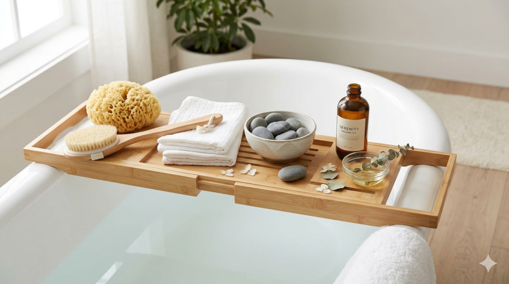 Spa bath caddy with natural sponge, wooden brush, and river stones