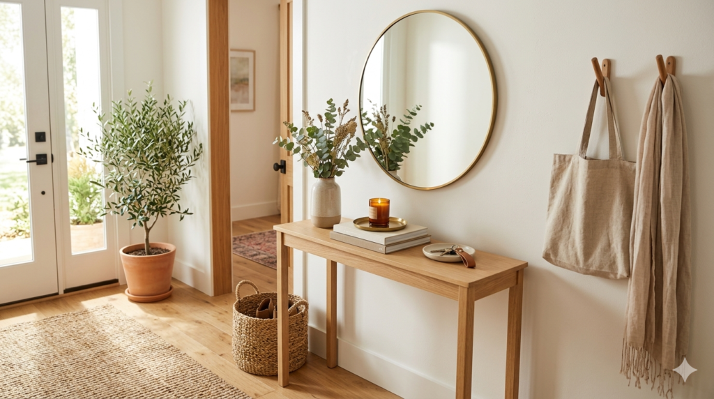 Organic modern entryway console with rattan details and greenery