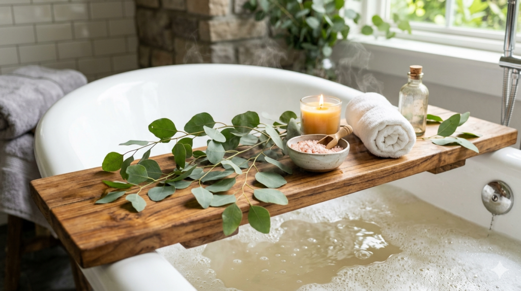 Wooden bamboo bath tray with eucalyptus branches and candles in cozy bathroom