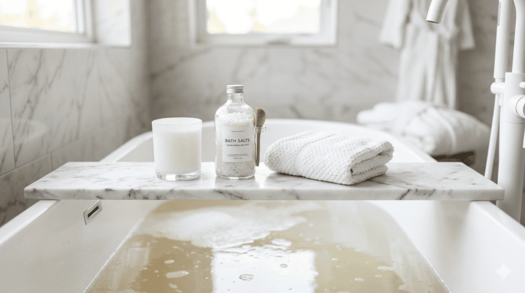 White marble bath caddy with candle and bath salts on modern bathtub