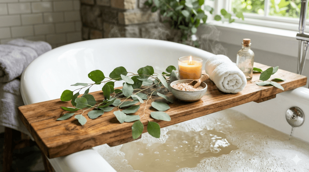 Wooden bamboo bath tray with eucalyptus branches and candles in cozy bathroom