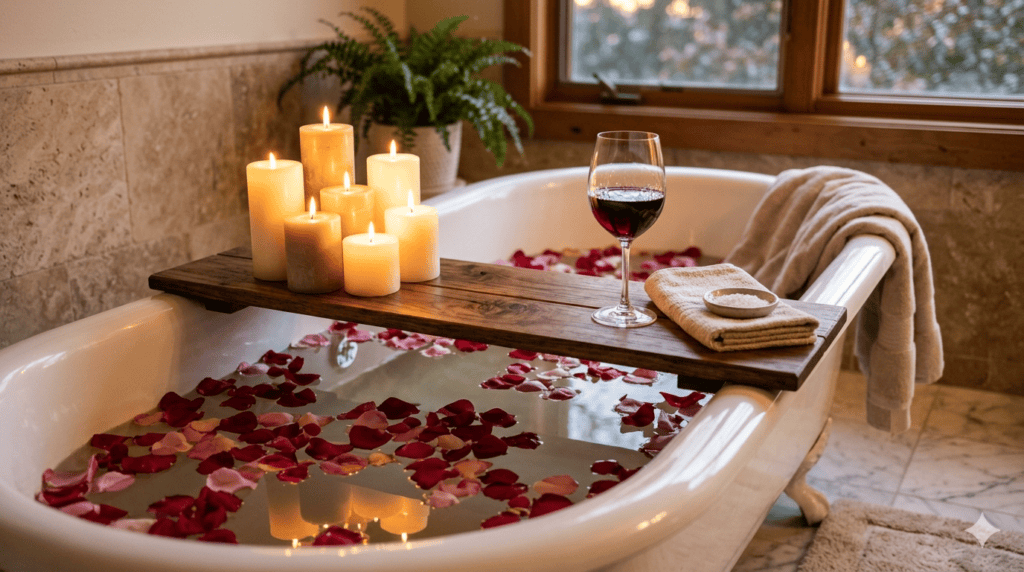 Romantic candlelit bathtub with rose petals and wine on bath caddy