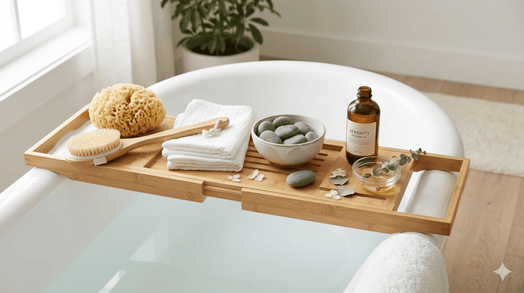 Spa bath caddy with natural sponge, wooden brush, and river stones