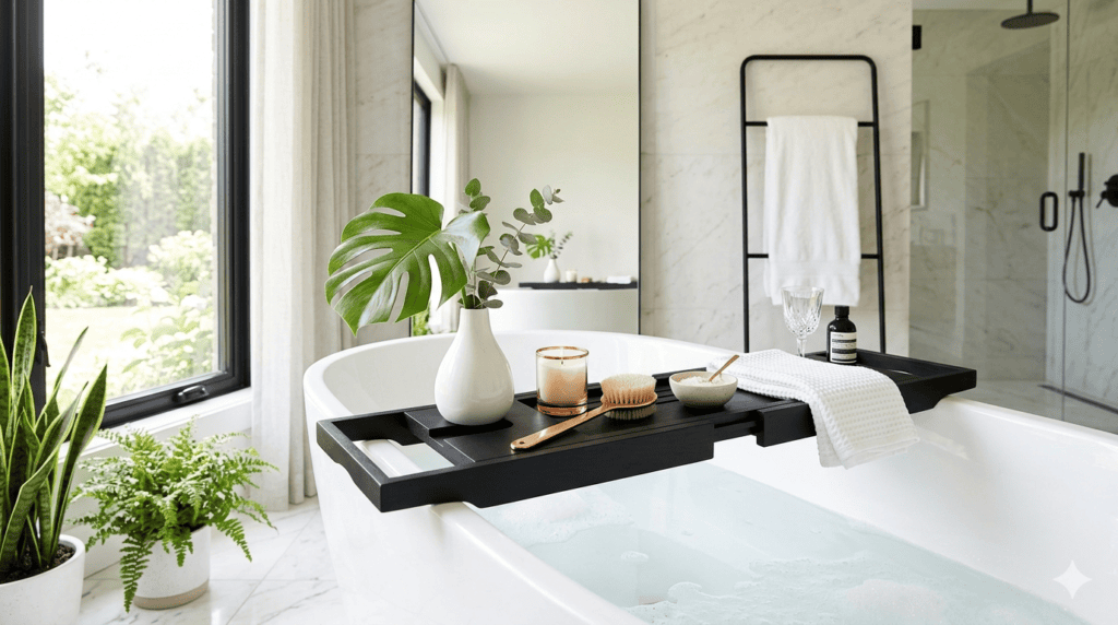 Black bath tray with metallic accents on white bathtub