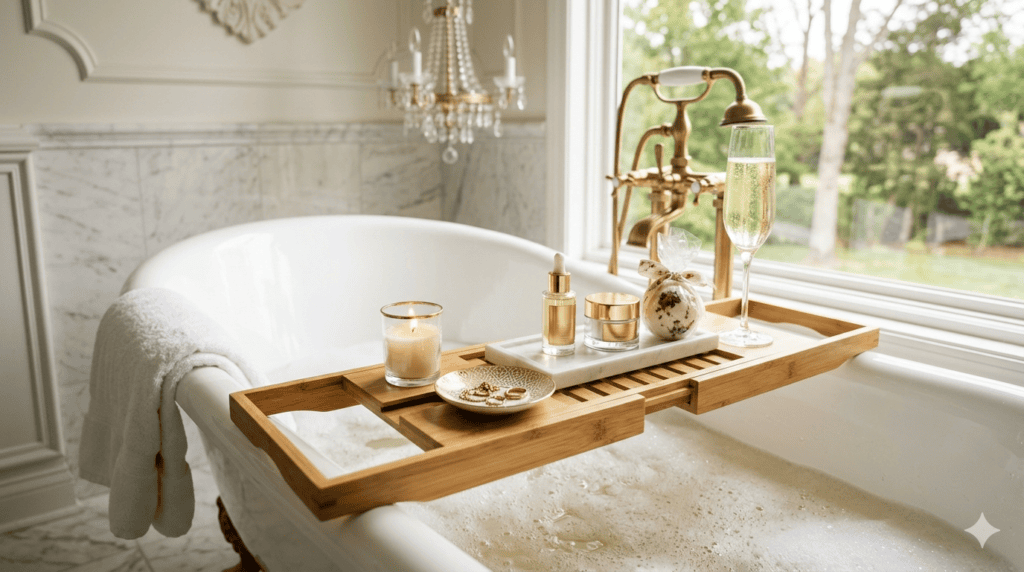 Gold-accented bath caddy with champagne and bath bomb in luxury bathroom