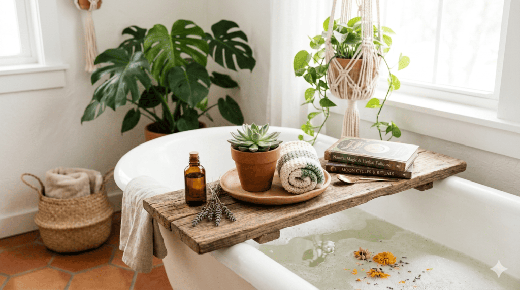 Boho bath caddy with clay tray, succulent, and macramé in earthy bathroom