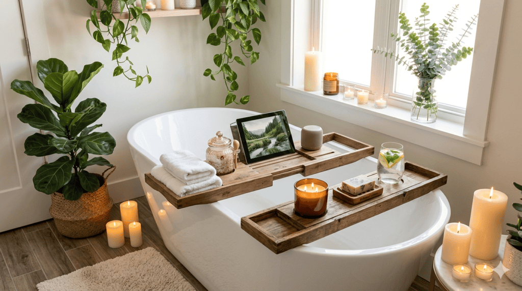 Tech-friendly bath caddy with tablet stand and candle on tub