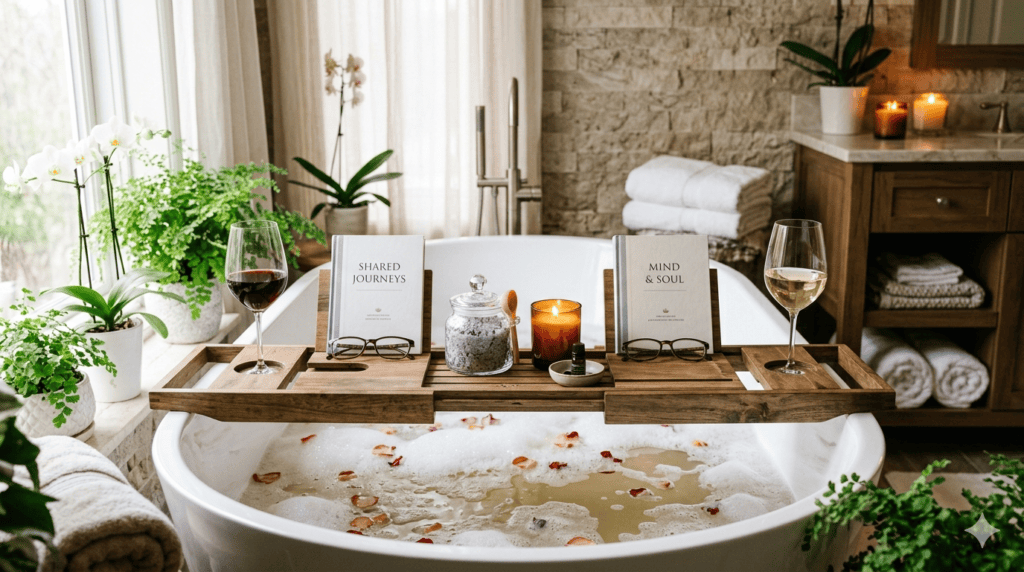 Expandable bath caddy for two with wine glasses and candles