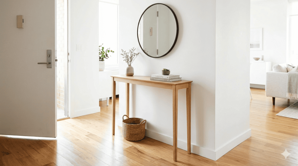 Small entryway console table with mirror above in a narrow hallway