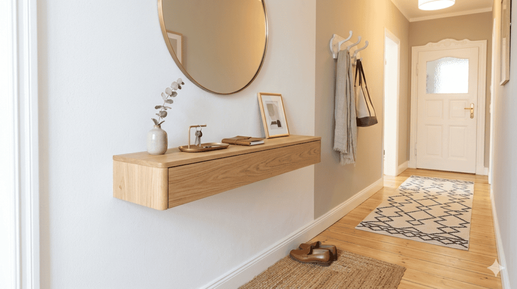 Floating wall console table in a modern entryway