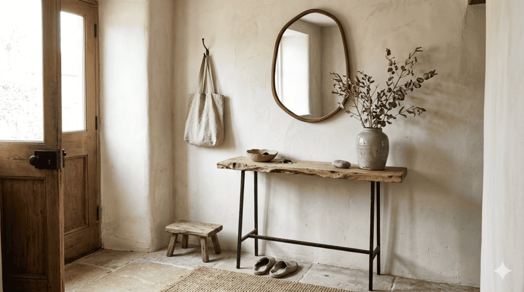 Wabi-sabi entrance with live edge wooden console and organic decor