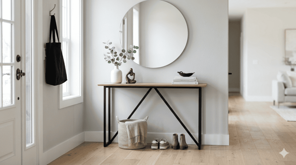 Japandi entryway table with minimalist styling and natural wood