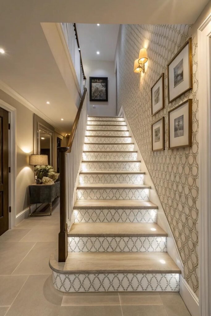 Elegant patterned wallpaper creating a statement staircase wall