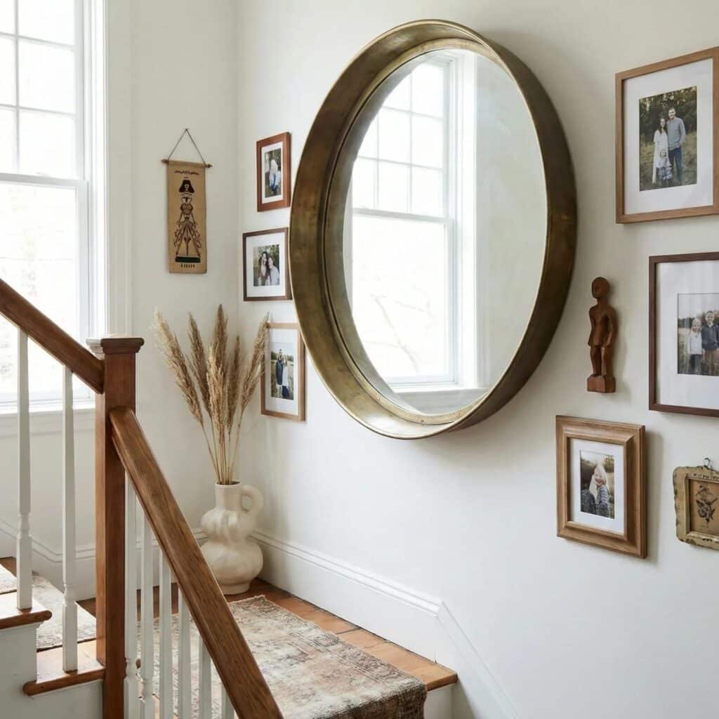 Storytelling staircase picture wall featuring photographs, artwork, and mirrors