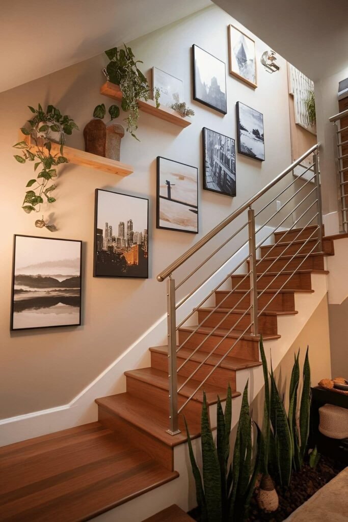 Balanced staircase picture-frame layout following the angle of the stairs