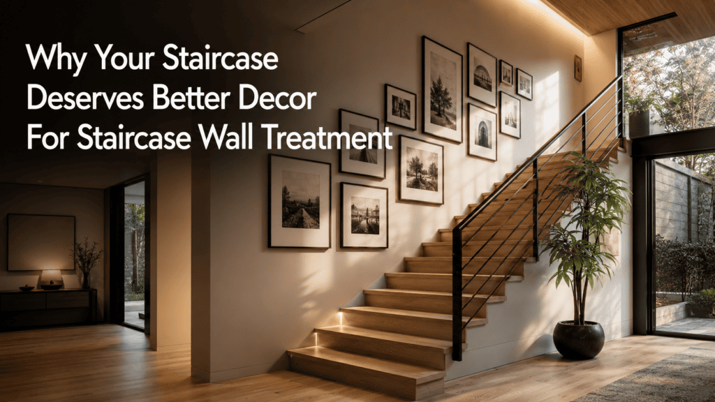 Balanced staircase picture-frame layout following the angle of the stairs
