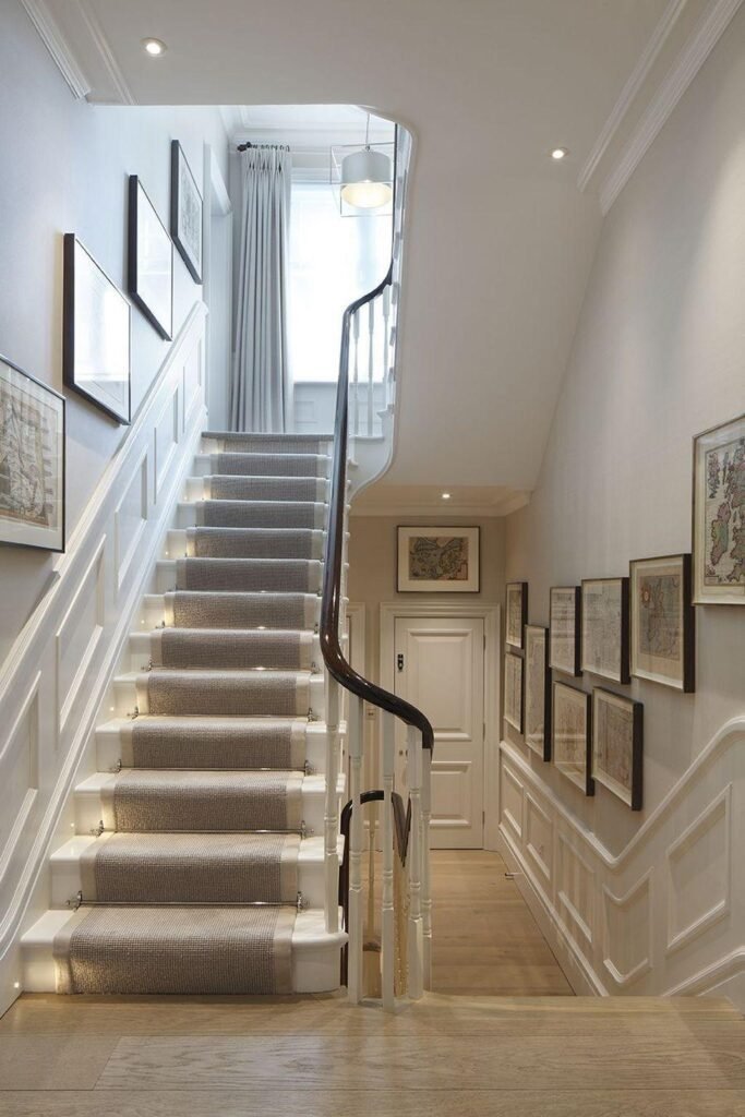 Cohesive indoor home décor connecting a modern staircase and hallway1