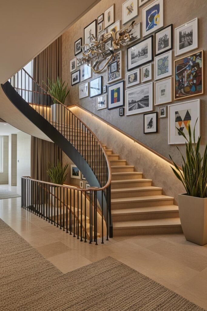 Balanced staircase picture-frame layout following the angle of the stairs1