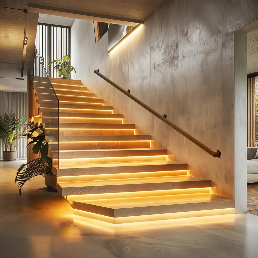 Modern staircase illuminated by warm LED lights beneath the steps