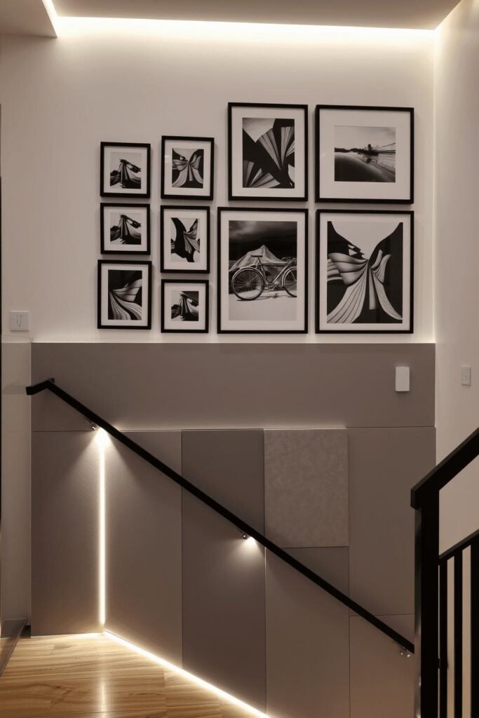 Inspirational modern staircase designs with gallery walls, plants, and lighting1