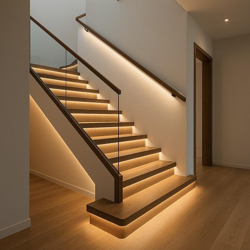 Modern staircase illuminated by warm LED lights beneath the steps1