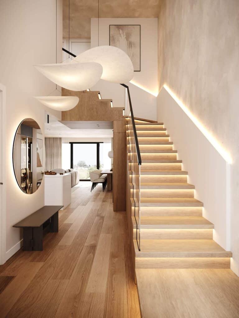 Cohesive indoor home décor connecting a modern staircase and hallway2