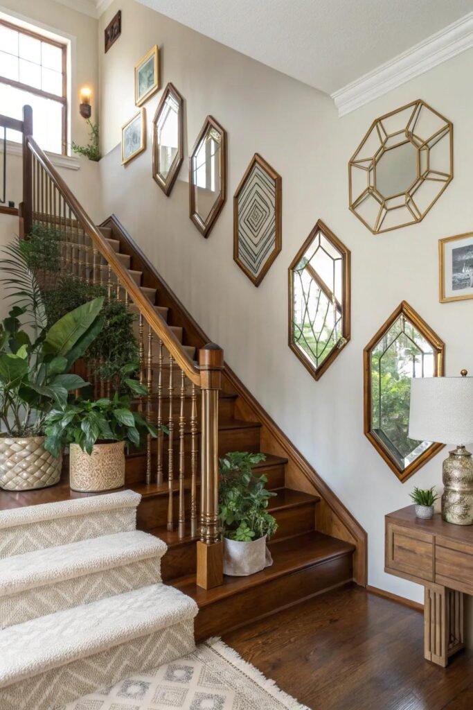 Balanced staircase wall decoration using artwork, mirrors, and negative space1