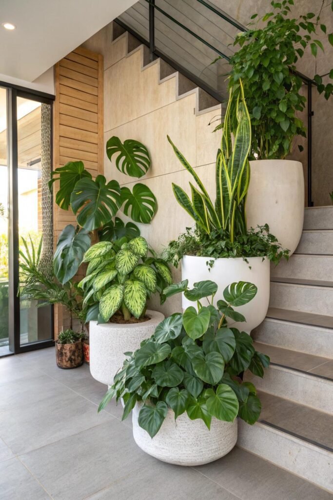Indoor plants arranged safely on staircase shelves and wide stair landings1