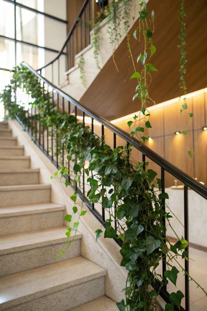 Indoor plants arranged safely on staircase shelves and wide stair landings