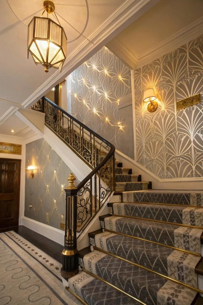 Elegant patterned wallpaper creating a statement staircase wall1