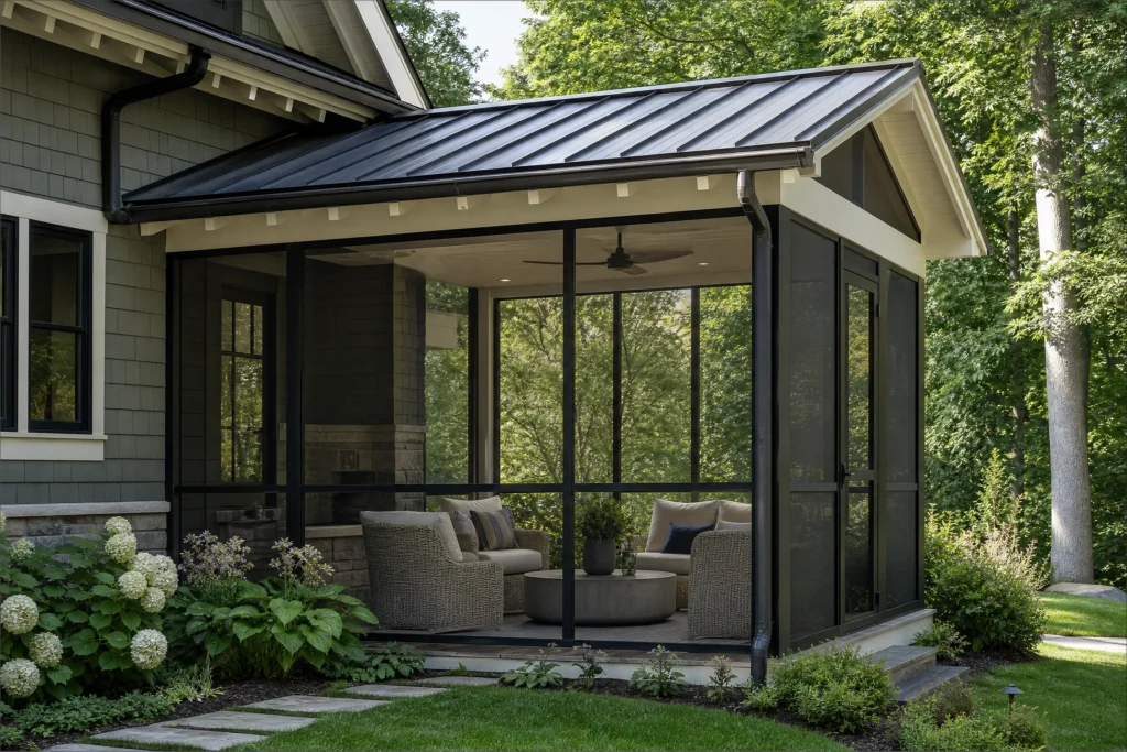 Screened-in covered patio attached to a craftsman house with wicker seating and garden view