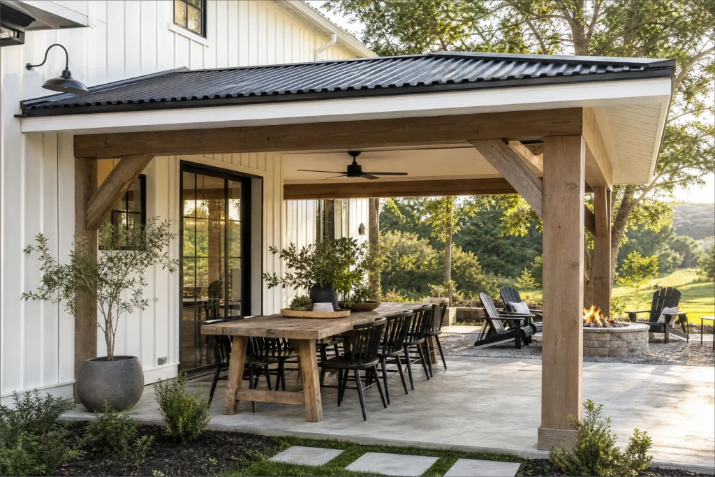 Modern farmhouse covered patio attached to a white home with wood posts and dining table