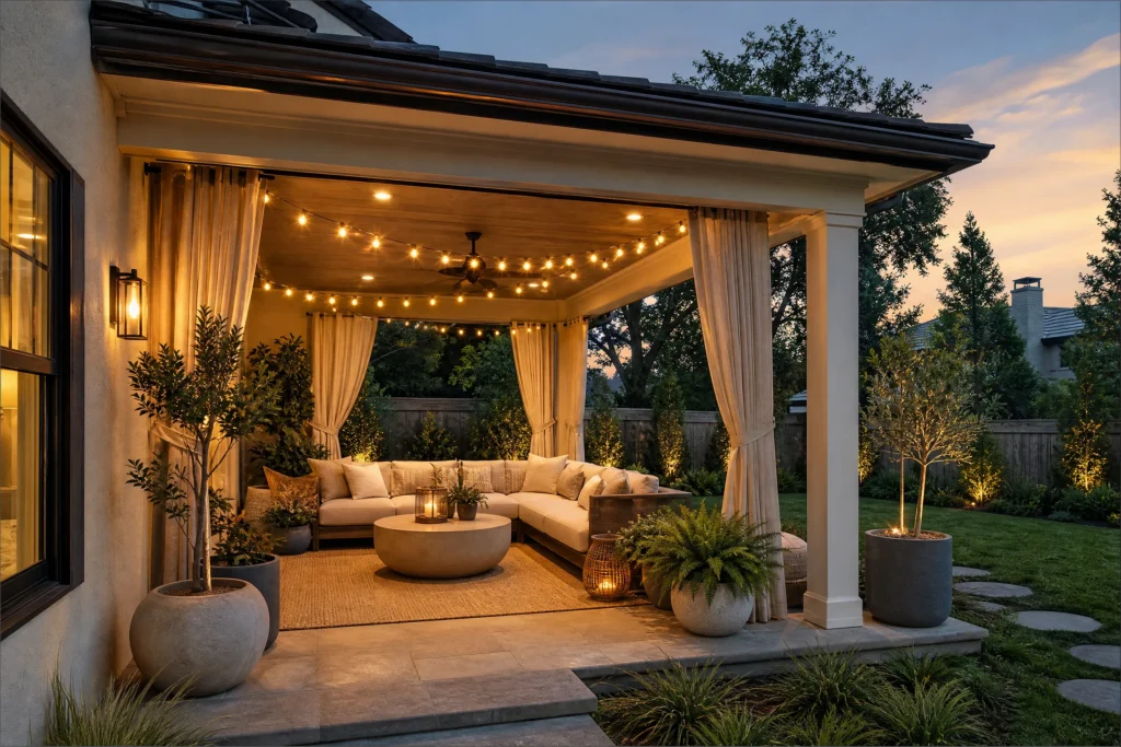 Covered patio with linen curtains, warm string lights, and relaxed outdoor sectional seating